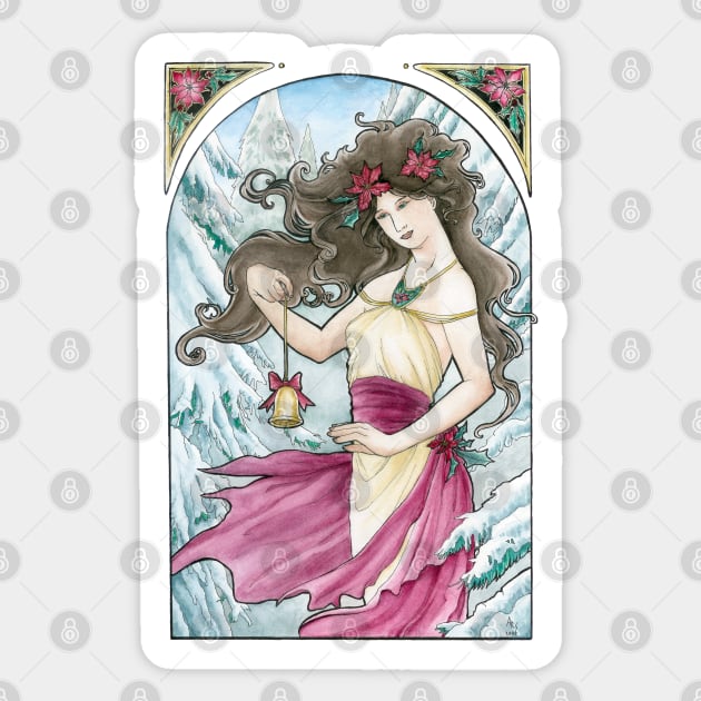 Holiday Art Nouveau Woman with Bell and Poinsettia in the Snow - Spirits of Winter Series Sticker by angelasasser